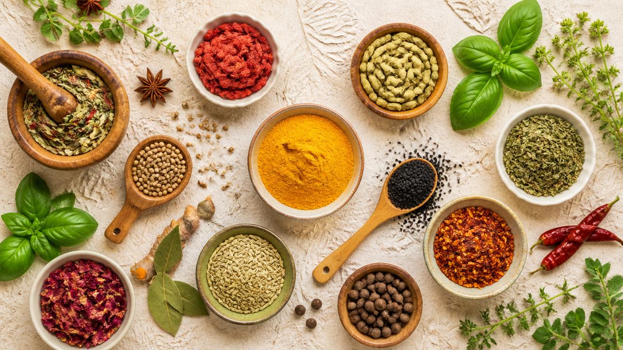 Variedade de temperos, ervas e produtos naturais